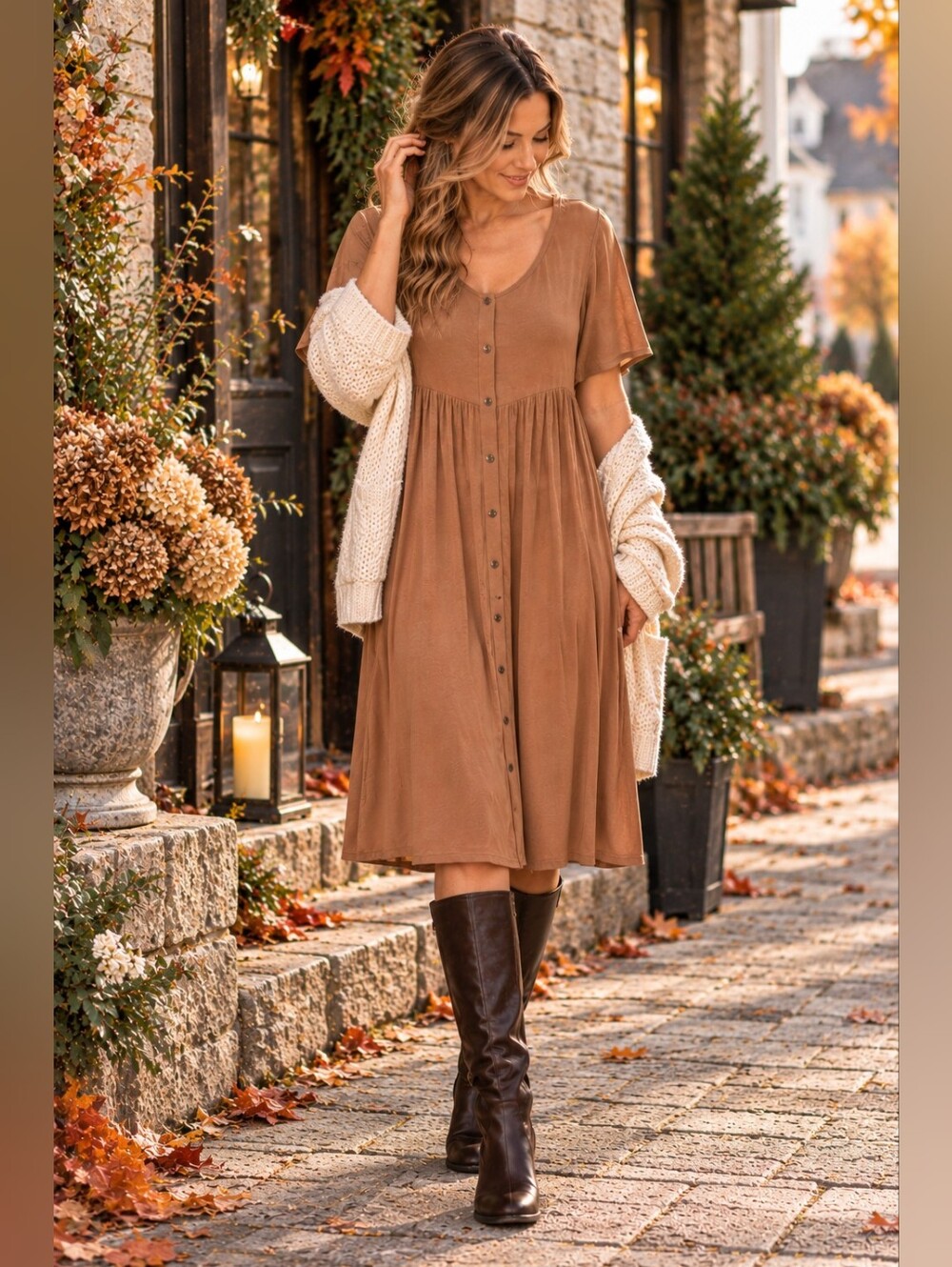 Kate Quinn NWT Button Front Midi Dress Brown Boho Babydoll Cottagecore